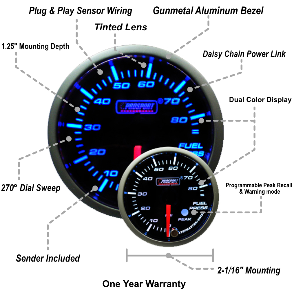 Prosport Gauges - 2-1/16" Premium Blue/White Fuel Pressure Gauge