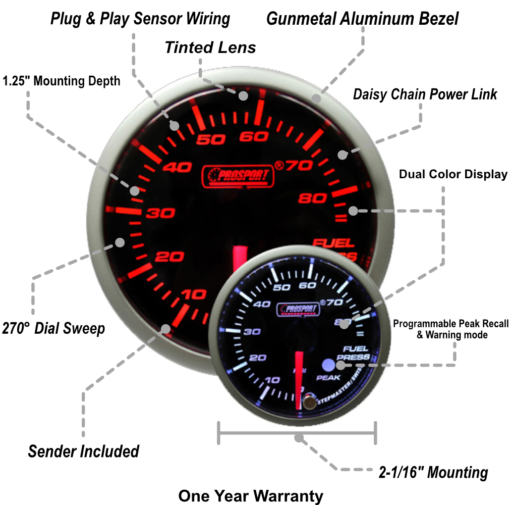 Prosport Gauges - 2-1/16" Premium Amber/White Fuel Pressure Gauge