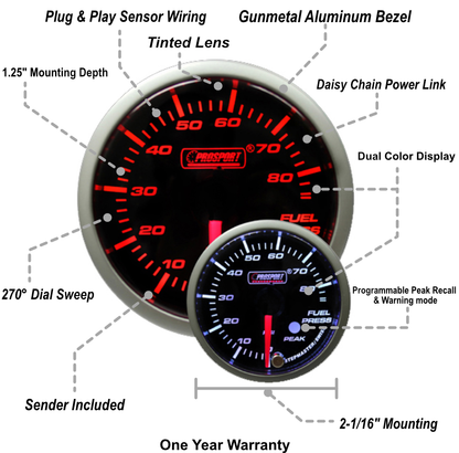 Prosport Gauges - 2-1/16" Premium Amber/White Fuel Pressure Gauge