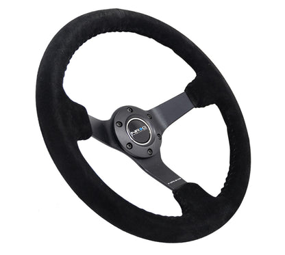 NRG - Reinforced Steering Wheel (350mm / 3in. Deep) Blk Suede/Blk Bball Stitch w/5mm Matte Black Spoke