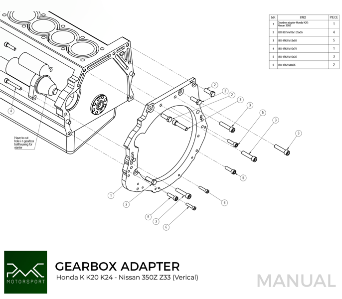 PMC MOTORSPORT - Gearbox Adapter Plate Honda K K20 K24 - Nissan 350Z Z33 370Z Z34 CD009 (Vertical)