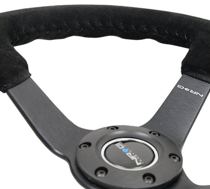 NRG - Reinforced Steering Wheel (350mm / 3in. Deep) Blk Suede/Blk Bball Stitch w/5mm Matte Black Spoke
