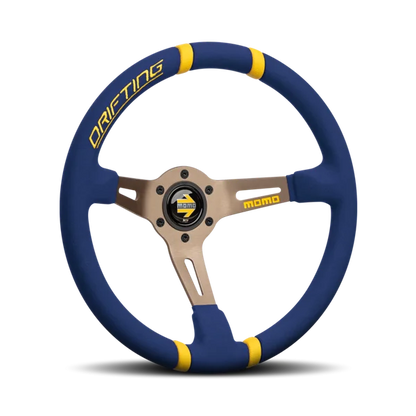 MOMO Drifting 350 Diam 90 Dish Blue Microfiber Anthracite Spokes Yellow Inserts