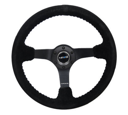 NRG - Reinforced Steering Wheel (350mm / 3in. Deep) Blk Suede/Blk Bball Stitch w/5mm Matte Black Spoke