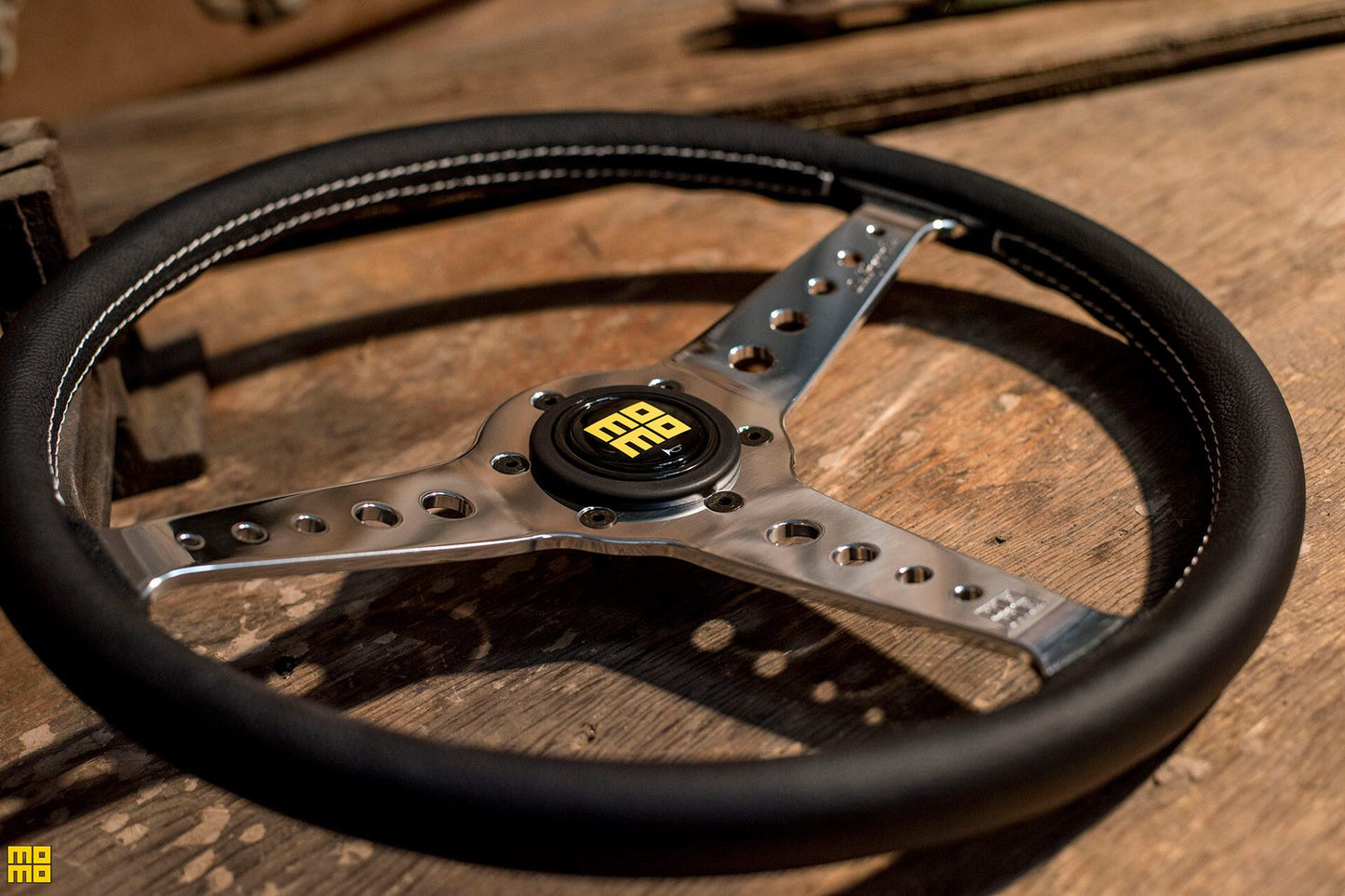 Momo California Steering Wheel 360 mm - Black Leather/White Stitch/Pol Spokes