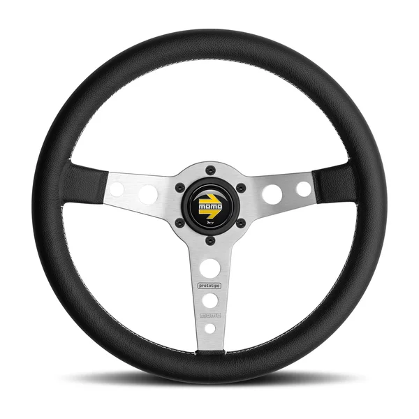 Momo Prototipo Steering Wheel 350 mm - Black Leather/Wht Stitch/Brshd Spokes