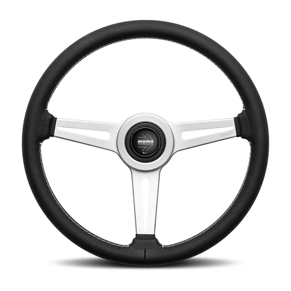 Momo Retro Steering Wheel 360 mm - 4 Black Leather/Wht Stitch/Brshd Spokes