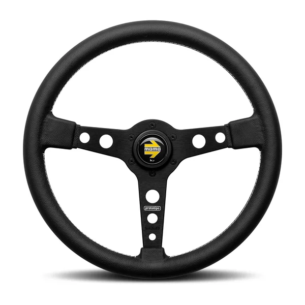 Momo Prototipo Steering Wheel 370 mm - Black Leather/White Stitch/Brushed Black Ano Spokes