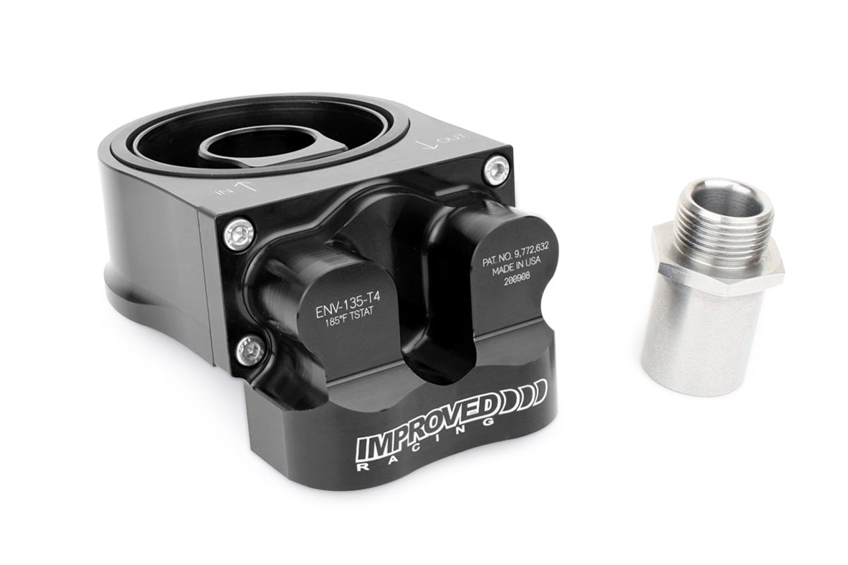 Improved Racing - Oil filter sandwich plate, thermostatic, 200F, 90-deg -10AN ORB ports, filter screw sold separately