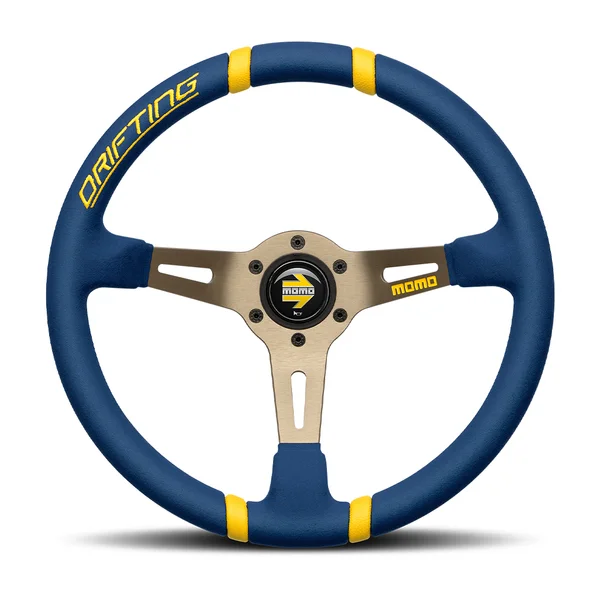 MOMO Drifting 350 Diam 90 Dish Blue Microfiber Anthracite Spokes Yellow Inserts