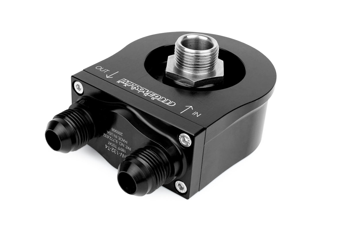 Improved Racing - Oil filter sandwich plate, thermostatic, 180F, -8AN Male ports, filter screw sold separately