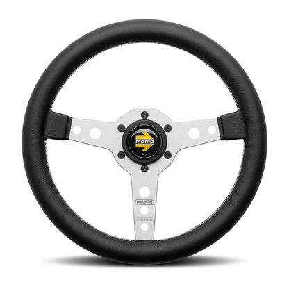 Momo Prototipo Steering Wheel 320 mm - Black Leather/White Stitch/Brshd Alum Spokes