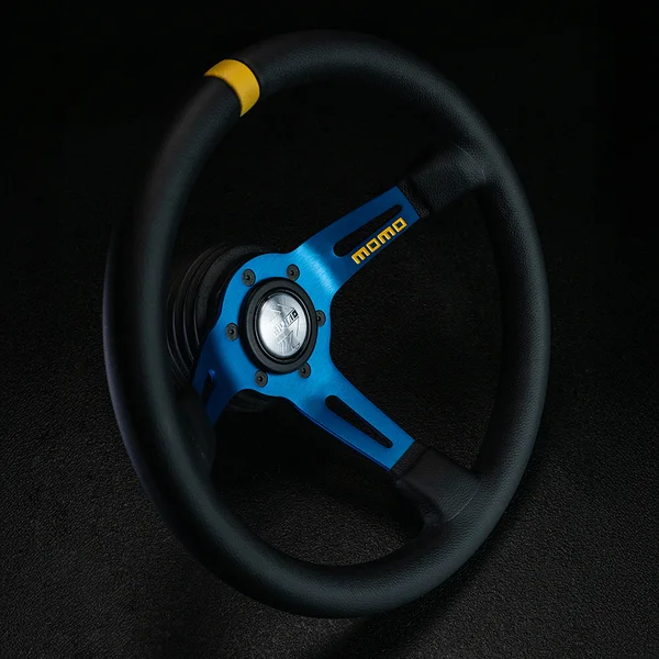 MOMO MOD.08 330 Diam 88 Dish Blk Leather Blue Spokes 1 Stripe