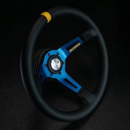 MOMO MOD.08 330 Diam 88 Dish Blk Leather Blue Spokes 1 Stripe