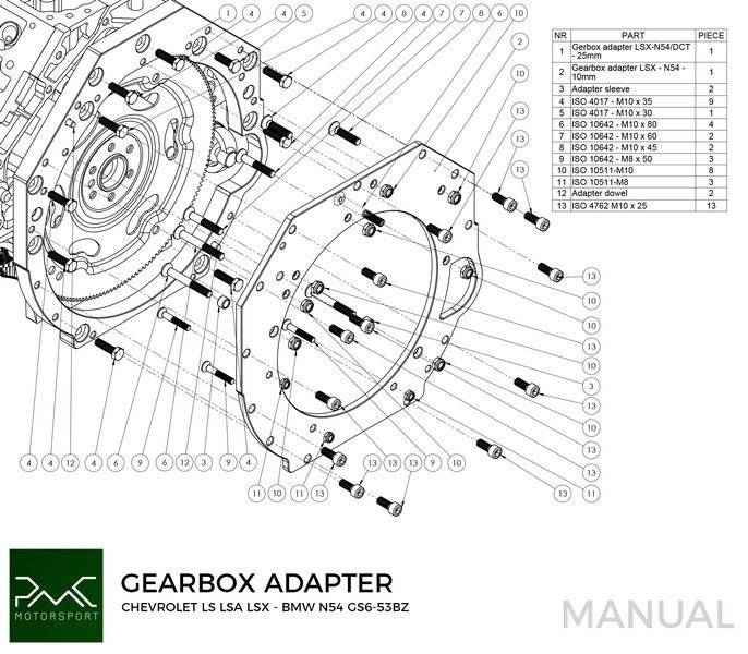 PMC - Gearbox Adapter Plate GM Chevrolet LS - BMW DCT DKG GS7D36SG N54 GS6-53BZ (F0DCT-R6-LS)