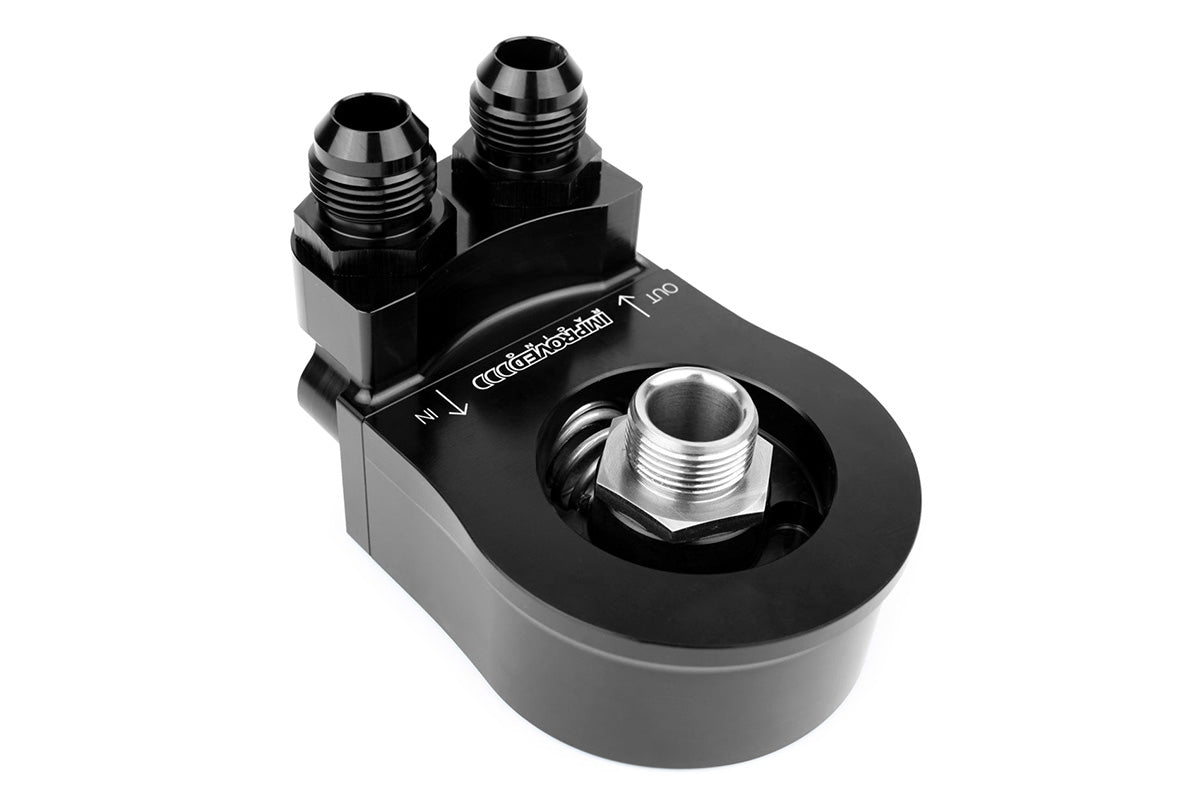 Improved Racing - Oil filter sandwich plate, thermostatic, 200F, 90-deg -10AN ORB ports, filter screw sold separately