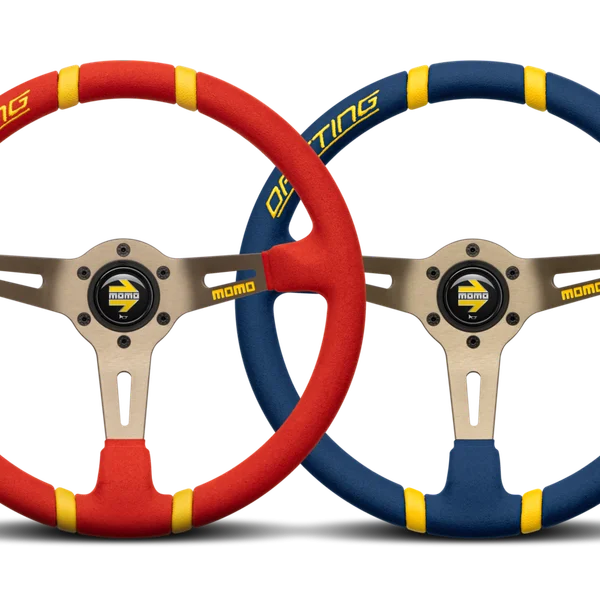 MOMO Drifting 350 Diam 90 Dish Red Microfiber Anthracite Spokes Yellow Inserts