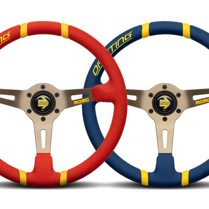 MOMO Drifting 350 Diam 90 Dish Red Microfiber Anthracite Spokes Yellow Inserts