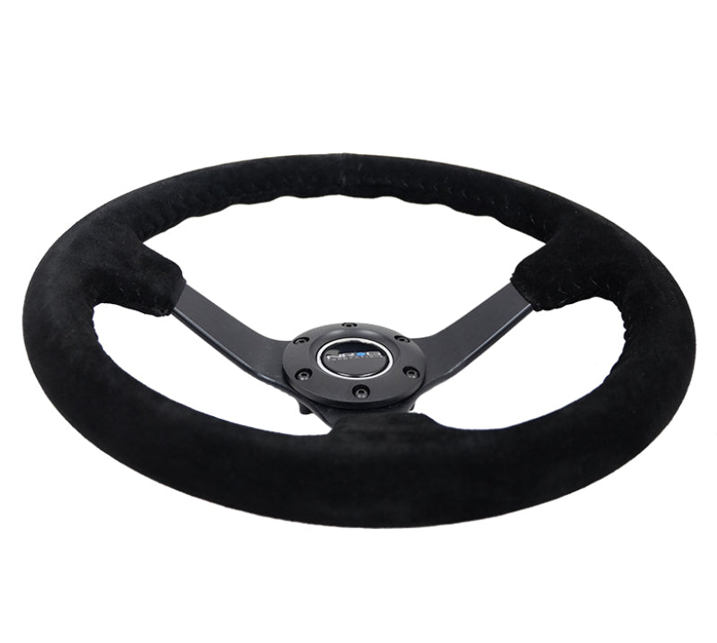 NRG - Reinforced Steering Wheel (350mm / 3in. Deep) Blk Suede/Blk Bball Stitch w/5mm Matte Black Spoke