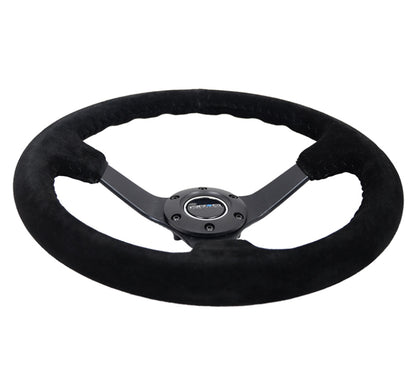 NRG - Reinforced Steering Wheel (350mm / 3in. Deep) Blk Suede/Blk Bball Stitch w/5mm Matte Black Spoke