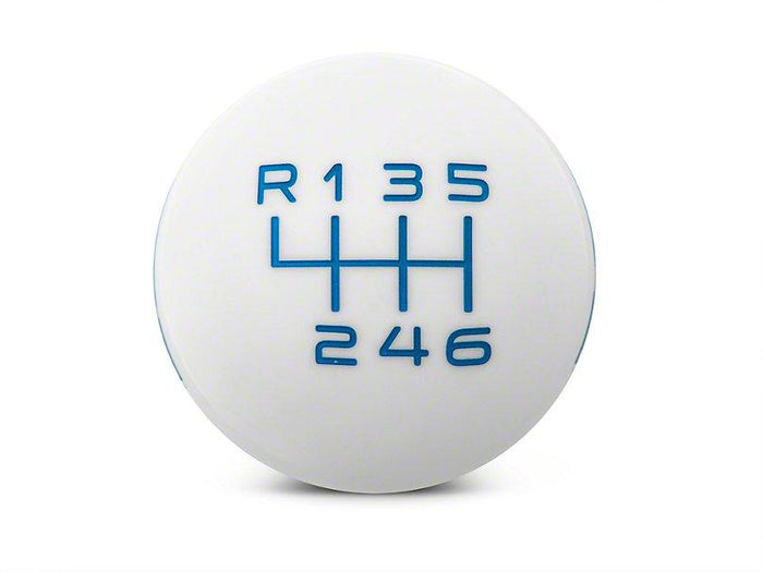 RTR - WHITE SHIFT KNOB - BLUE ENGRAVING (15-23 MUSTANG - GT, ECOBOOST, V6)
