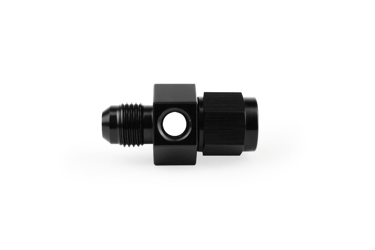 Improved Racing - Inline sensor adapter, -4AN male flare to -4AN female with Dual 1/8" NPT female sensor ports, black