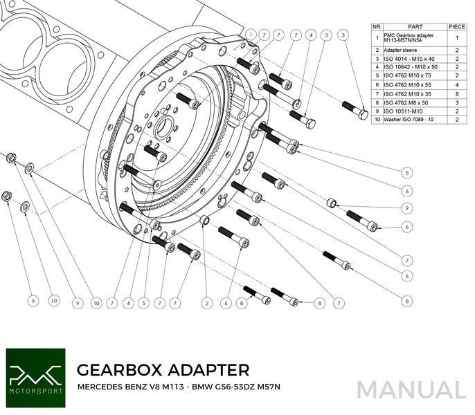 PMC Motorsport - Adapter Kit Mercedes-Benz M113 - BMW M57N2 GS6-53DZ HGU HGK / N54 GS6-53BZ -184mm / 7.25" (P)