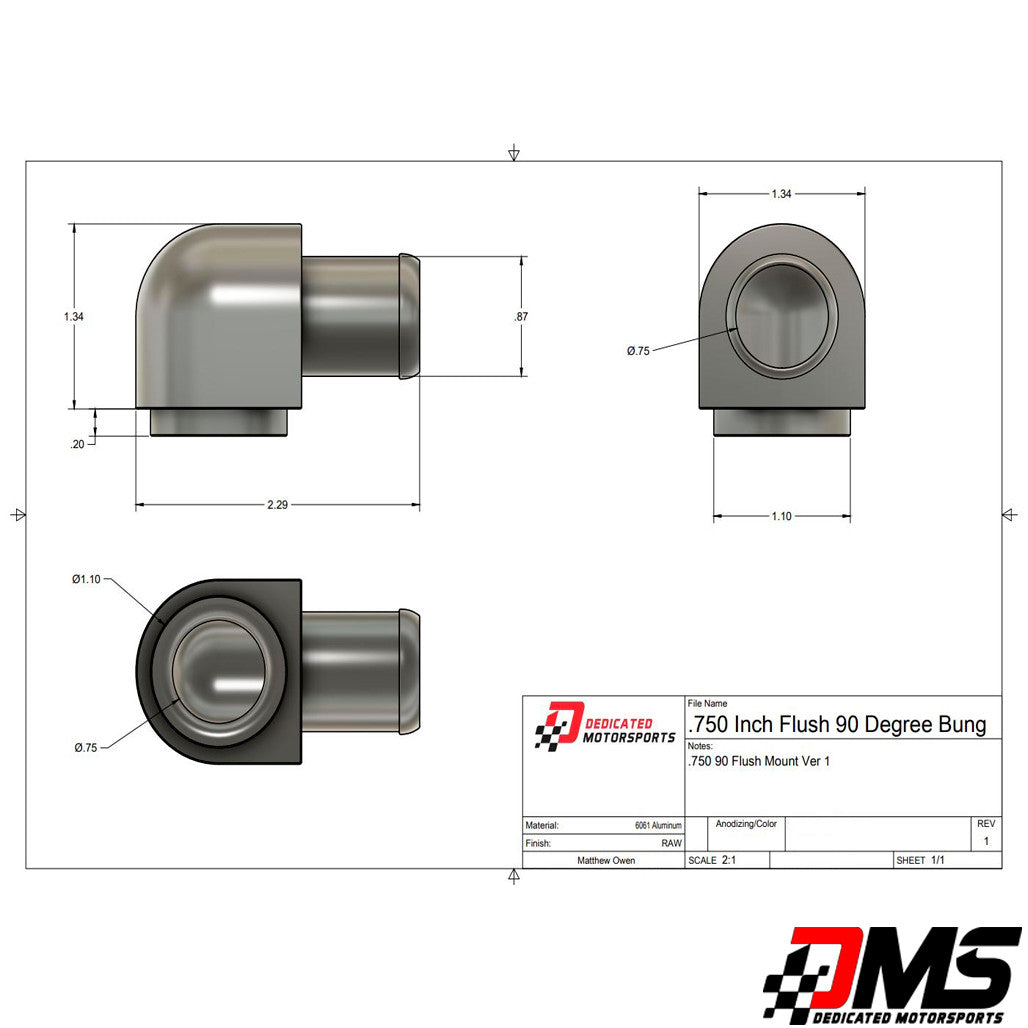 Dedicated Motorsports - .750 Inch Flush Mount 90 Degree Hose barb