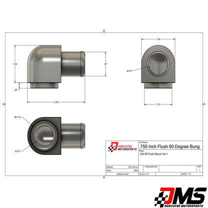 Dedicated Motorsports - .750 Inch Flush Mount 90 Degree Hose barb