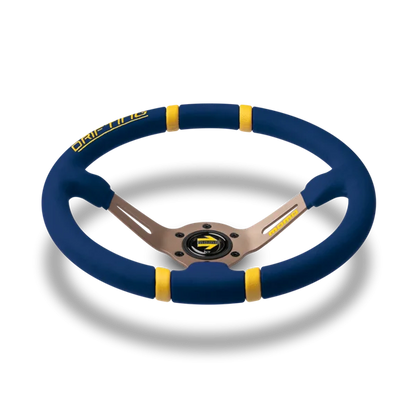 MOMO Drifting 350 Diam 90 Dish Blue Microfiber Anthracite Spokes Yellow Inserts