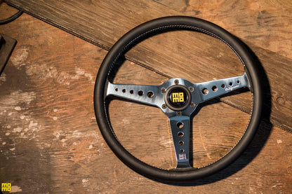 Momo California Steering Wheel 360 mm - Black Leather/White Stitch/Pol Spokes
