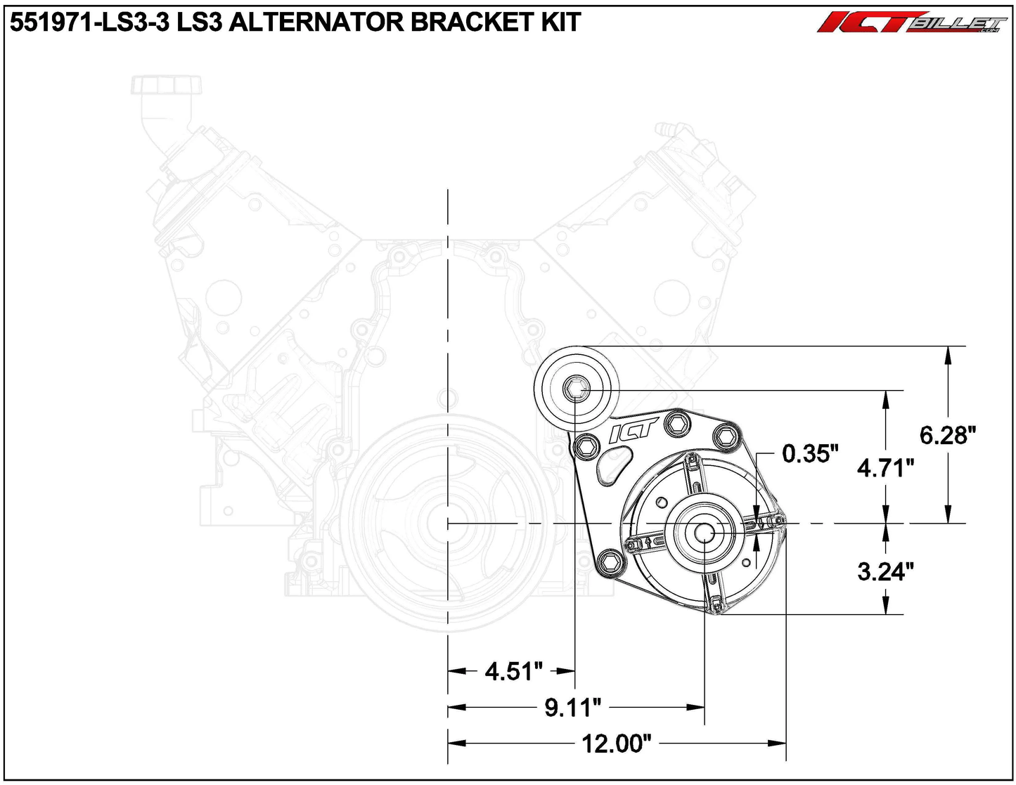 ICT Billet - LS3 Corvette Billet Low Mount Alternator Bracket Kit w/ Pulley
