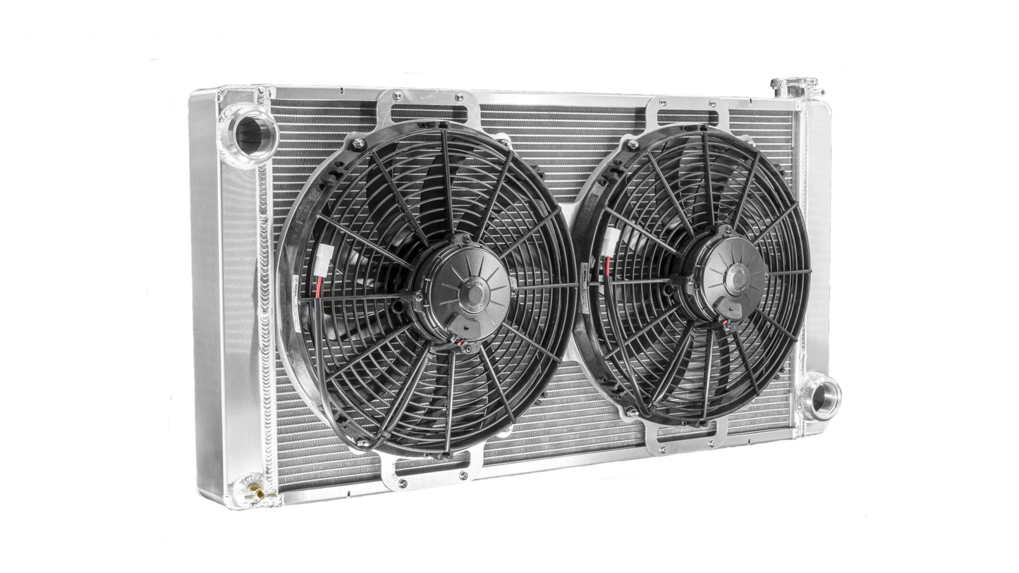PWR - 55mm Universal Performance Radiator Module (PWR Open 33″ x 17″) W/ 13″ SPAL Fan, -20 AN Port Inlet & Low Outlet