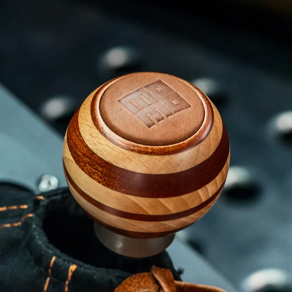 Momo Targa Heritage Shift Knob - Round Wood, Layered Mahogany and Beechwood, Leather Insert Top