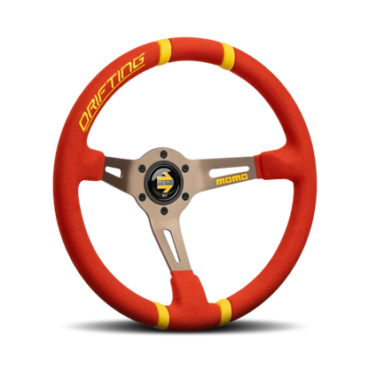 MOMO Drifting 350 Diam 90 Dish Red Microfiber Anthracite Spokes Yellow Inserts