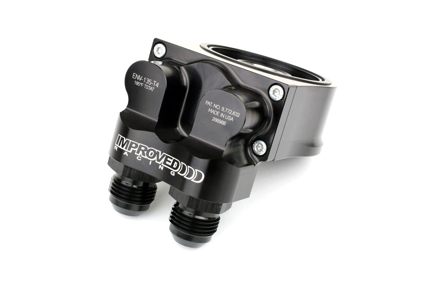 Improved Racing - Oil filter sandwich plate, thermostatic, 200F, 90-deg -10AN ORB ports, filter screw sold separately