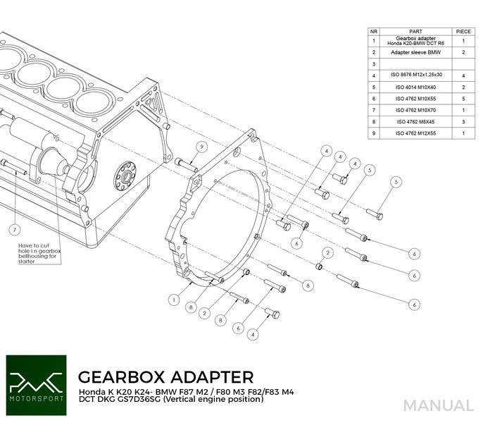 PMC Motorsport - Adapter Kit Honda K K20 K24 - BMW DCT DKG Getrag GS7D36SG N54 N55 S55 (V) (A-KV-DCT6)