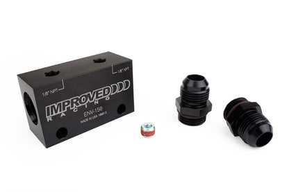 Improved Racing - Inline oil sensor adapter block, two 1/8" NPT sensor ports, -10AN ORB in/out ports