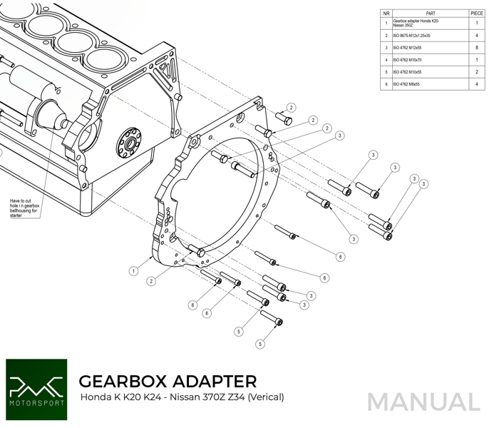 PMC MOTORSPORT - Gearbox Adapter Plate Honda K K20 K24 - Nissan 350Z Z33 370Z Z34 CD009 (Vertical)