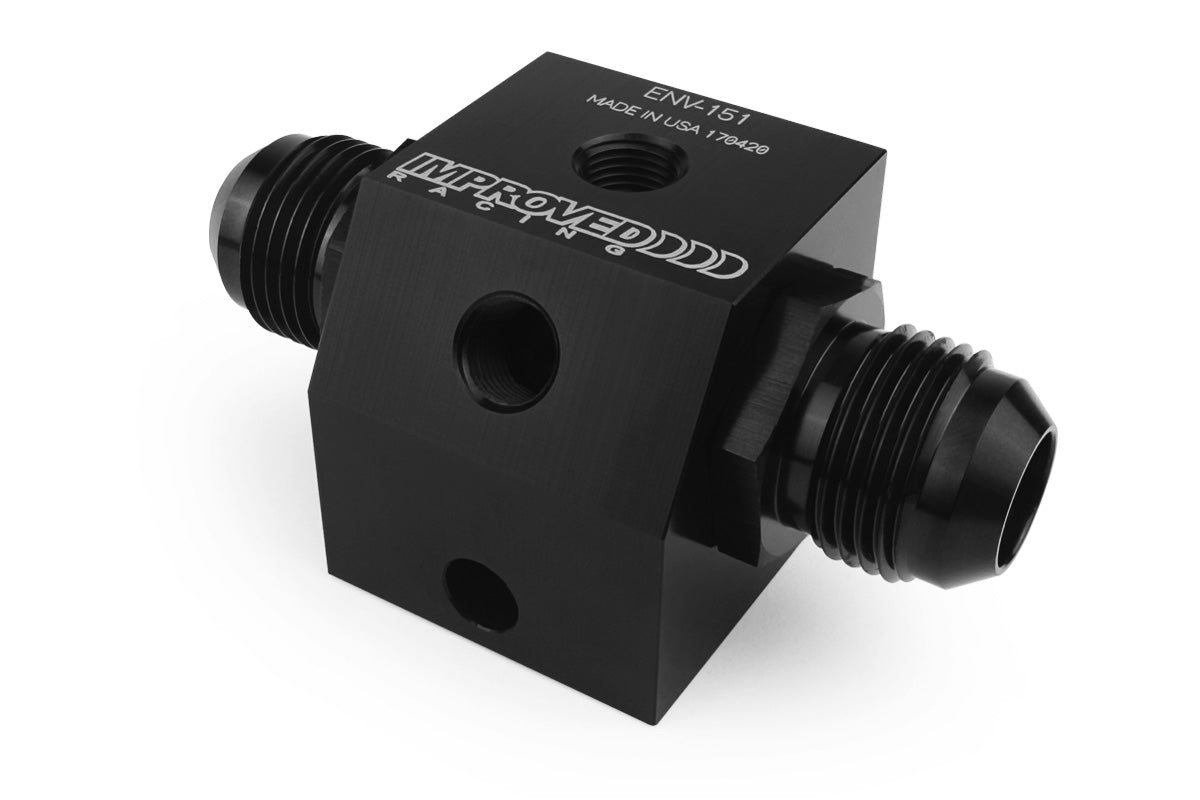 Improved Racing - Inline oil sensor adapter, compact, two 1/8" NPT sensor ports, -10AN ORB in/out ports