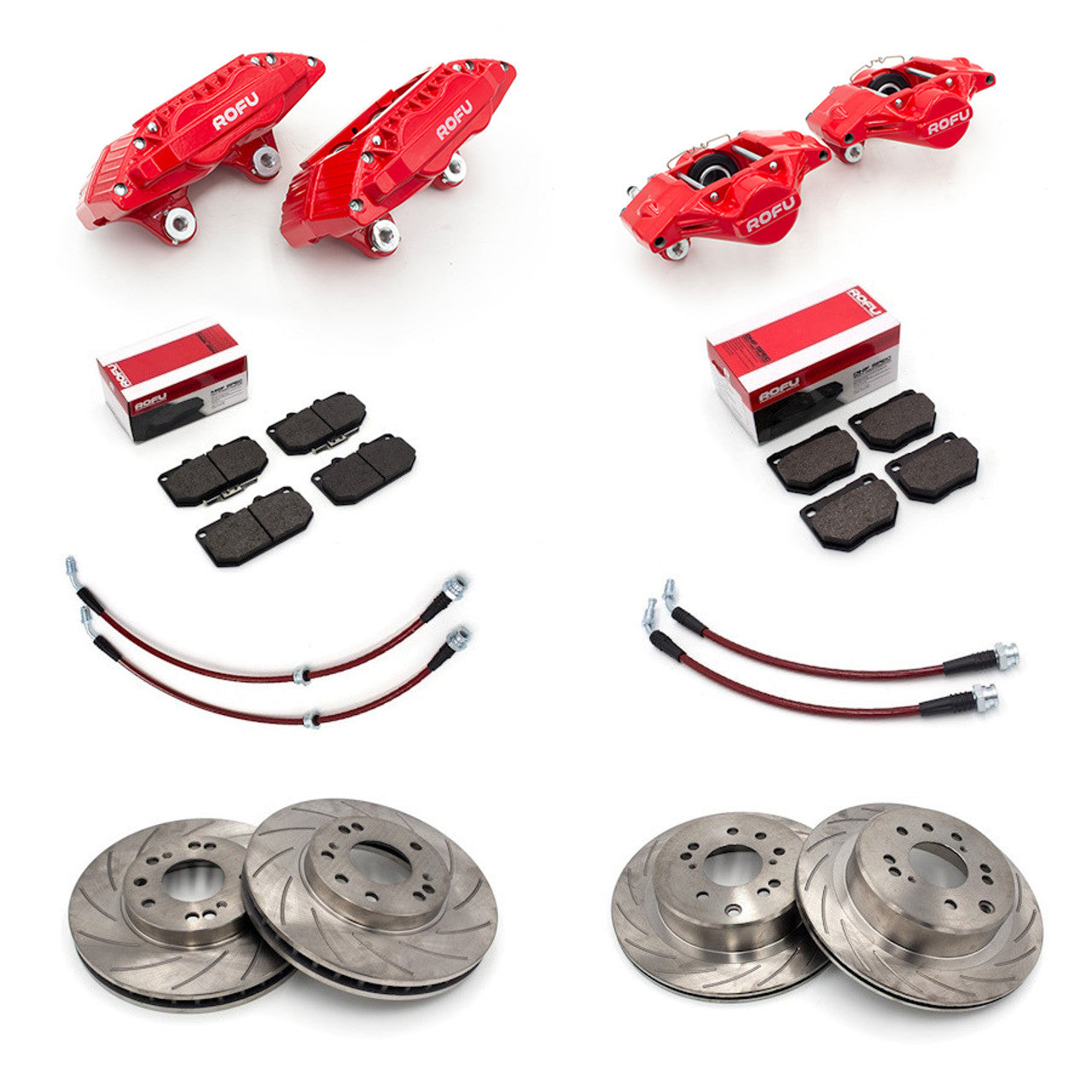 ROFU - Z32 Front and Rear Brake Calipers, Rotors, Pads, and Line Swap Kit for Nissan 240SX S13 S14 S15