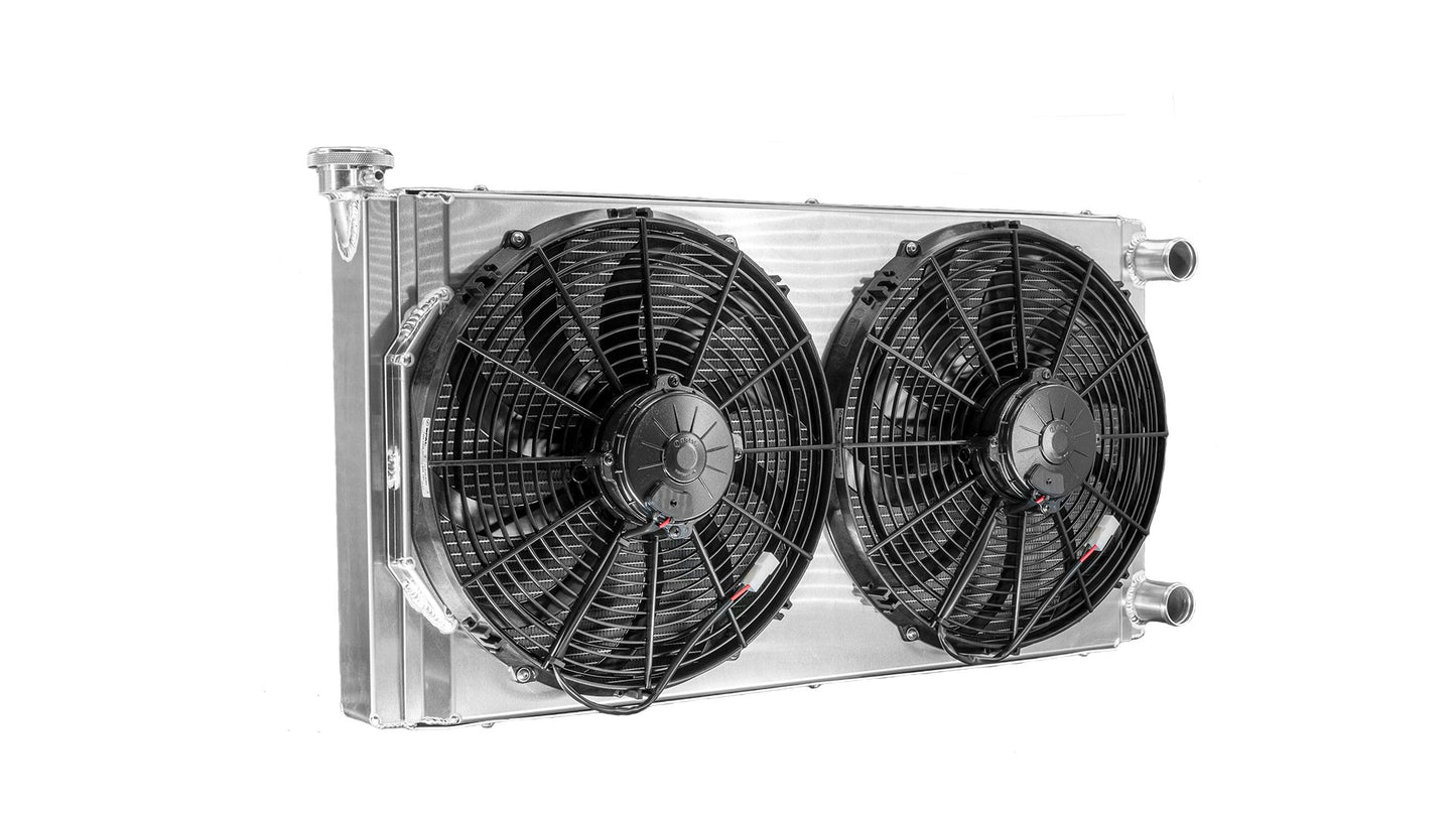 PWR  - 55mm Universal Performance Radiator Module (PWR Open 31” x 16”) W/ Dual 14″ SPAL Fans, 1-1/2″ Inlet and Outlet