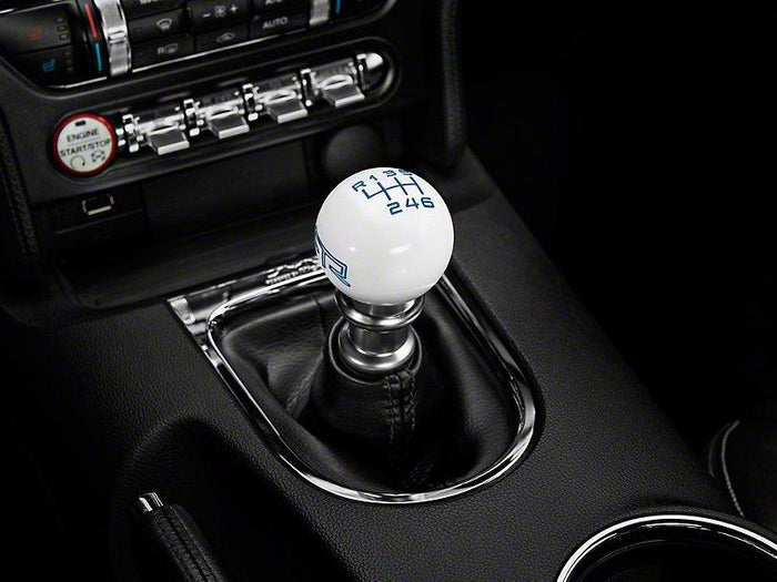 RTR - WHITE SHIFT KNOB - BLUE ENGRAVING (15-23 MUSTANG - GT, ECOBOOST, V6)