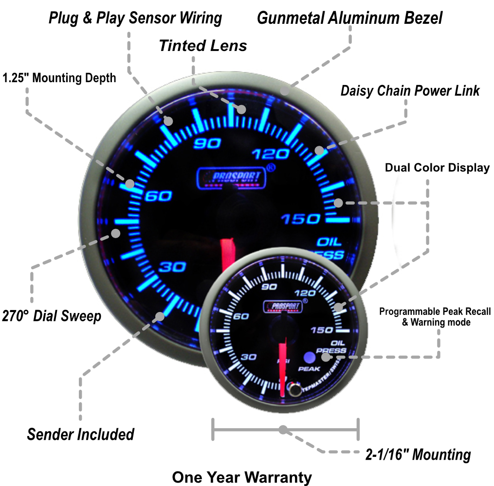Prosport Gauges - 2-1/16" Premium Blue/White Oil Pressure Gauge