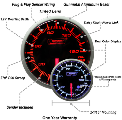 Prosport Gauges - 2-1/16" Premium Amber / White Oil Pressure Gauge