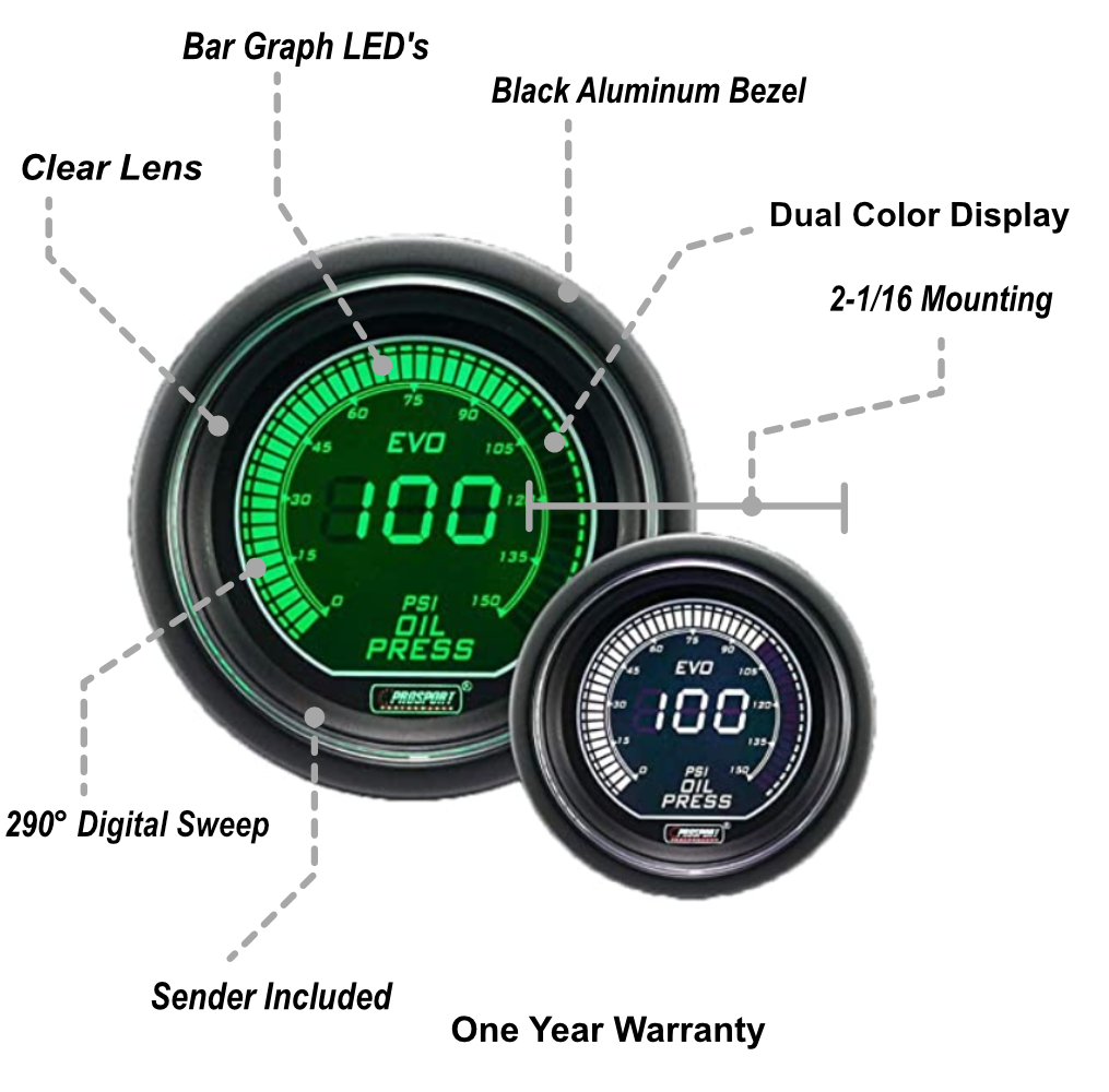 Prosport Gauges - 2-1/16" Evo Electrical Green/White Oil Pressure Gauge-