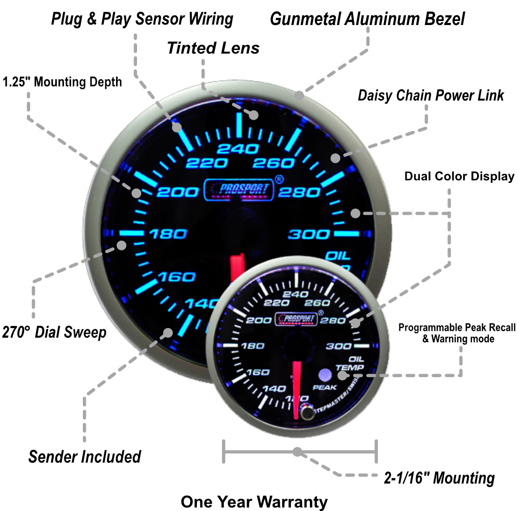 Prosport Gauges - 2-1/16" Premium Blue/White Oil Temperature Gauge