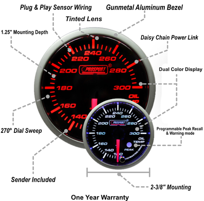 Prosport Gauges - 2-3/8" Amber/White Premium Oil Temperature Gauge