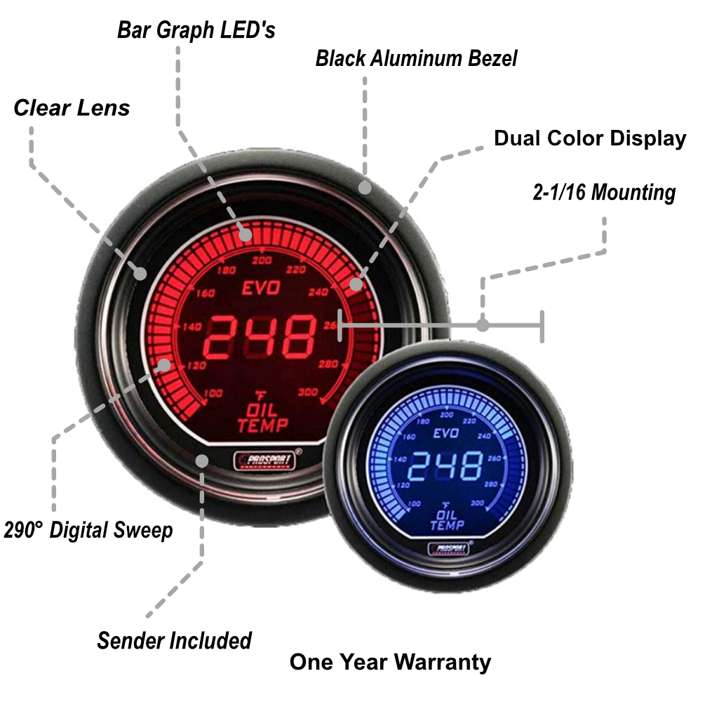 Prosport Gauges - 2-1/16" Evo Electrical Oil Temperature Gauge