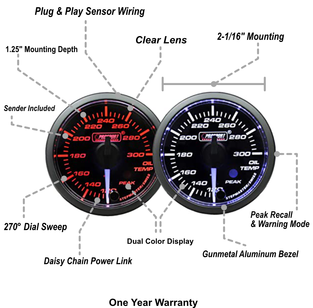 Prosport Gauges - 2-1/16" Premium White pointer Clear Lens Amber/White Oil Temperature Gauge-